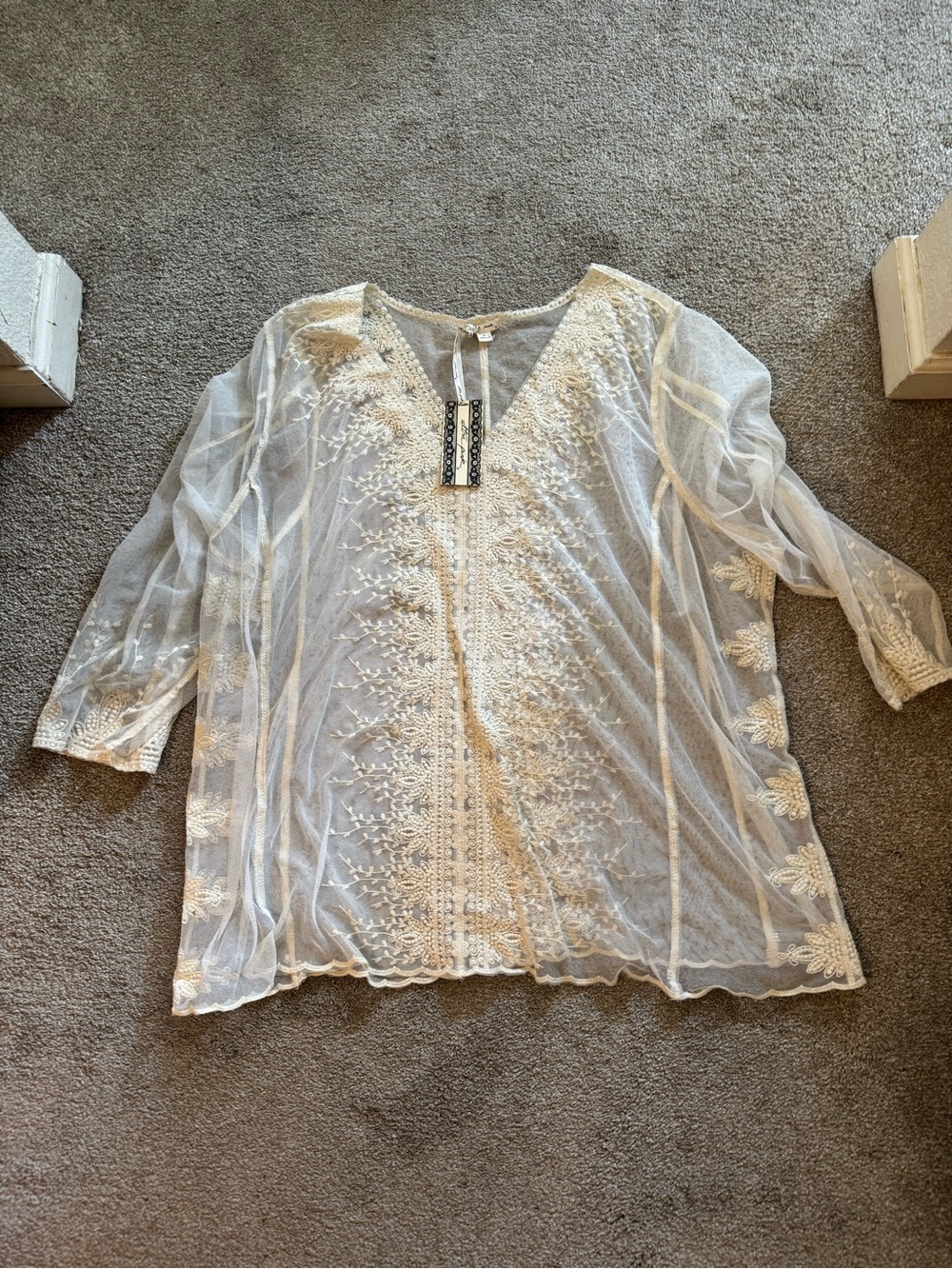 Sheer Embroidered Lace Women's Top in Cream